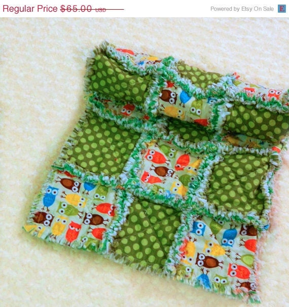 On Sale Owl Rag Quilt - Green, Brown & Blue Baby Blanket - boy