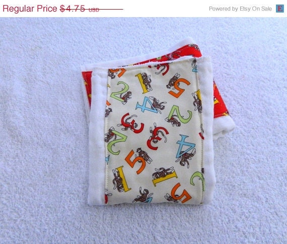 On Sale Sock Monkeys Burp cloth - Red, Yellow, Brown and Green - Boy or Girl