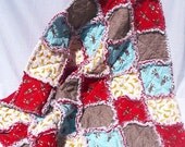 On Sale Sock Monkey Baby Rag Quilt - Blue, Red, Brown and Yellow
