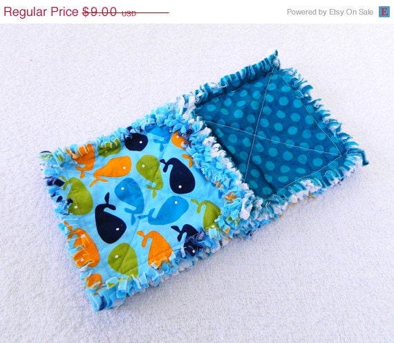 On Sale Whales Baby Blanket - Blue, Orange, & Green Security Rag Quilt - Boy