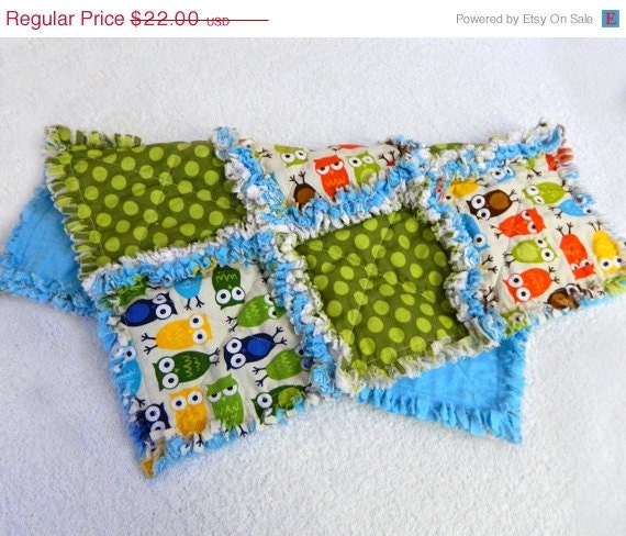 On Sale Owl Baby Blanket - Colorful Rag Quilt Lovey