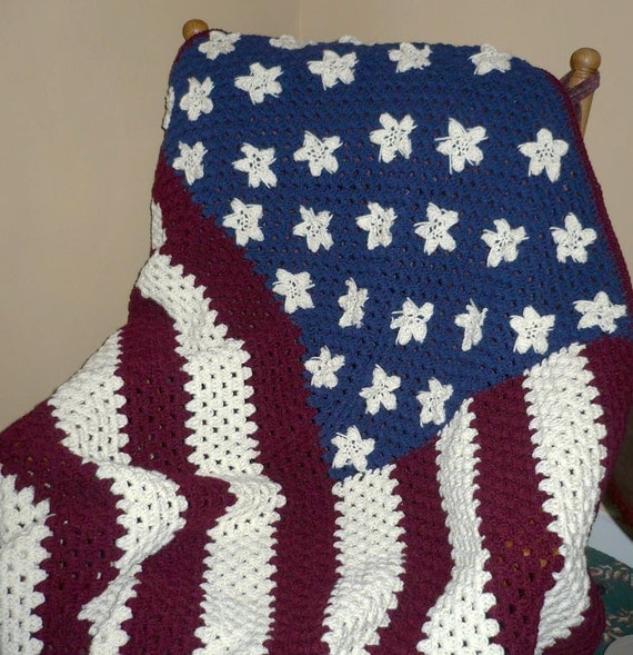 Crocheted Afghan Blanket American Flag by Sewingdreamsnotions