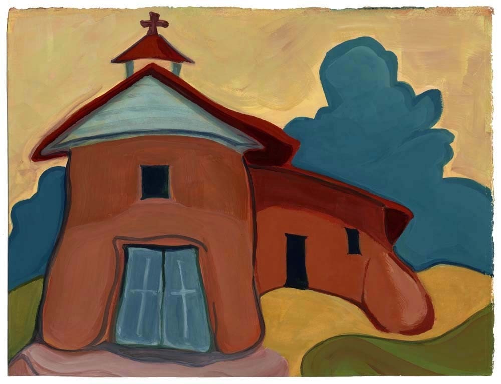 Church at Seco from Front - Archival Print from Original Watercolor 11.25 x 15 inches with border - debbiecarrolldesigns
