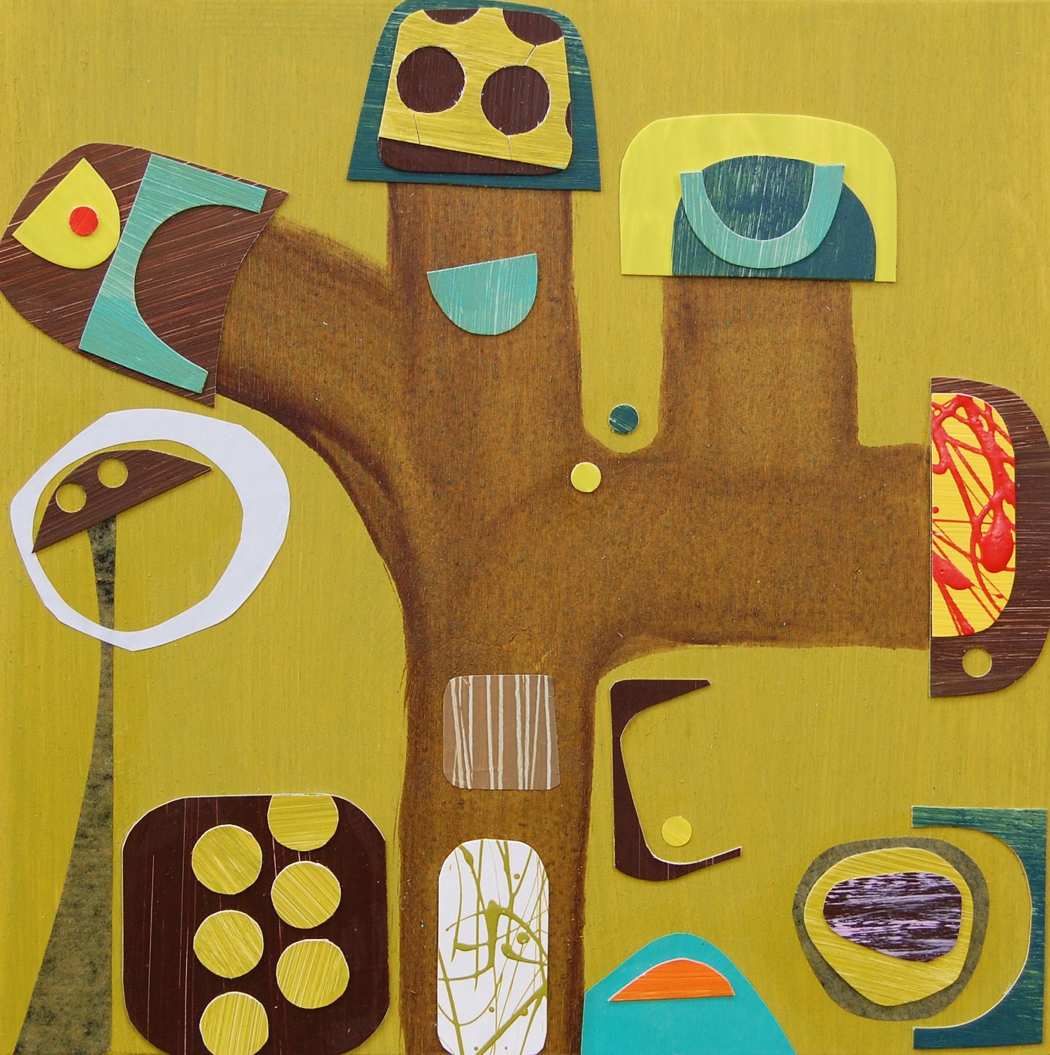 ORIGINAL  mixed media painting on wood board -The Happy Tree and his Fellow Friends-retro mod nursery mid century mod