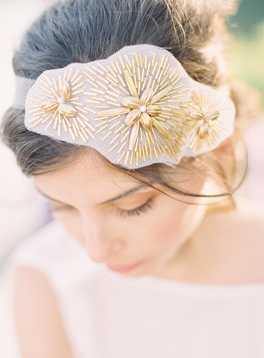 Zoe hand beaded head piece in gold