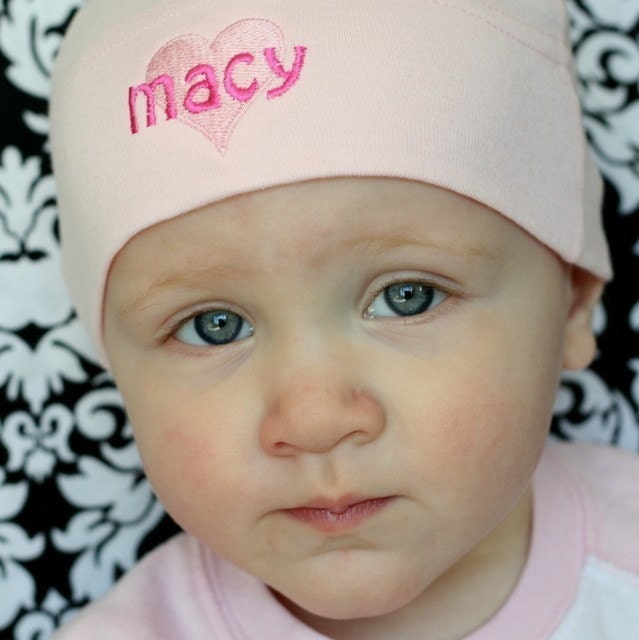 Custom Pink Personalized Baby Knot Hat - American Apparel - Heart Embroidery