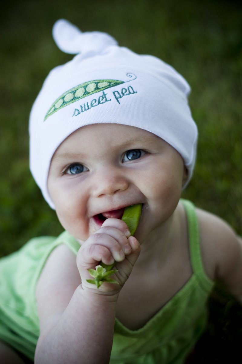 White Sweet Pea Embroidered Baby Knot Hat -  American Apparel
