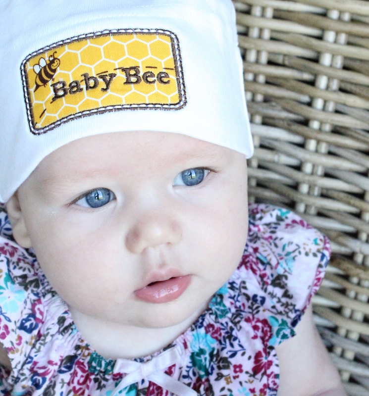 Honey Bee Baby Knot Hat - White with Fabric Applique