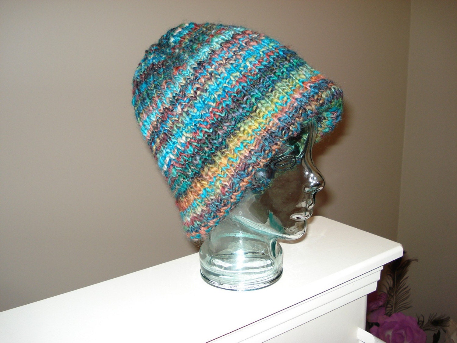 Ready to ship - GORGEOUS HAND KNITTED /This is a knit double thick hat handspun yarn/ Oversized Knitted Beanie/Melted Crayons