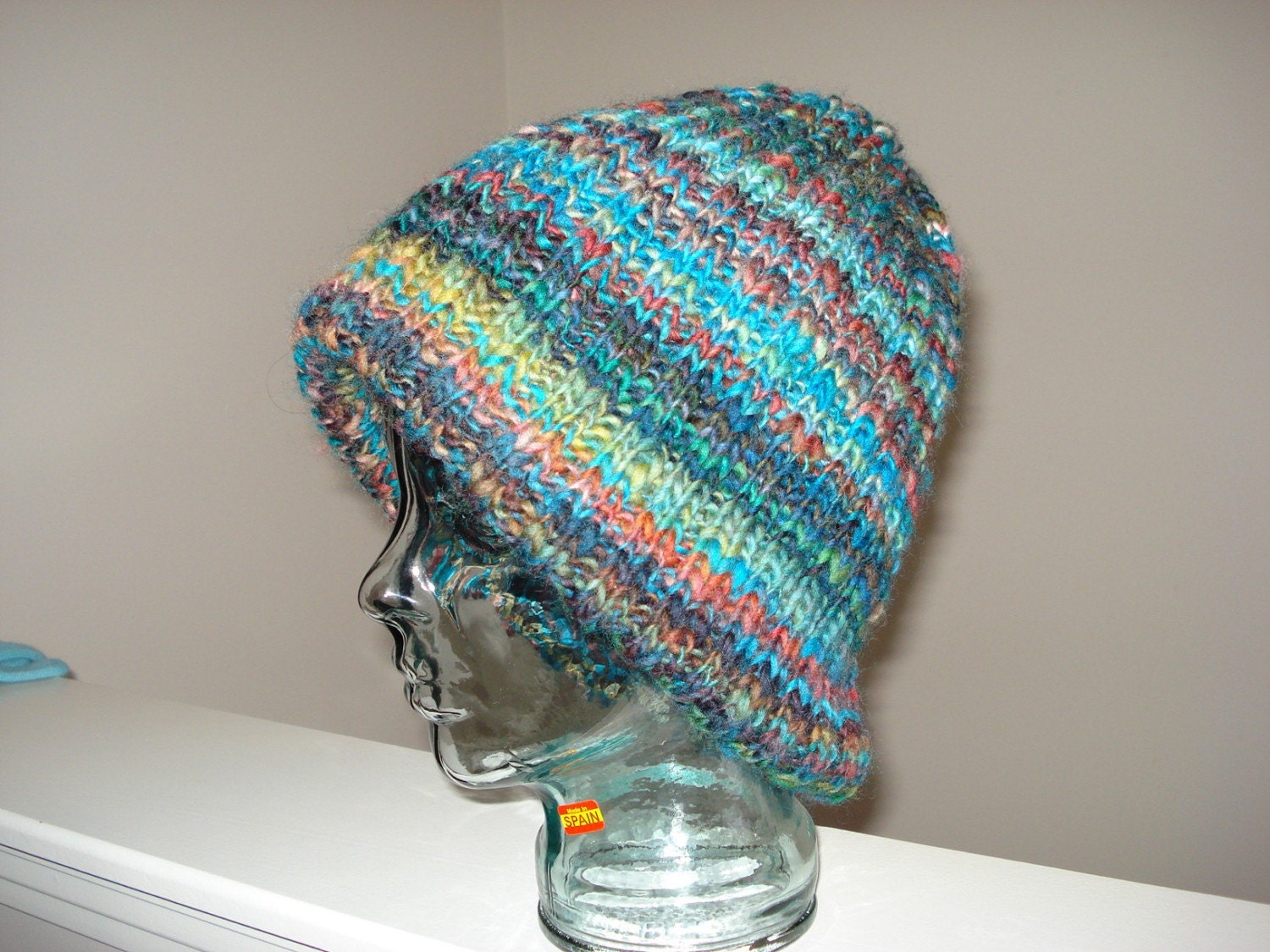 Ready to ship - GORGEOUS HAND KNITTED /This is a knit double thick hat handspun  yarn/ Oversized Knitted Beanie/Melted Crayons