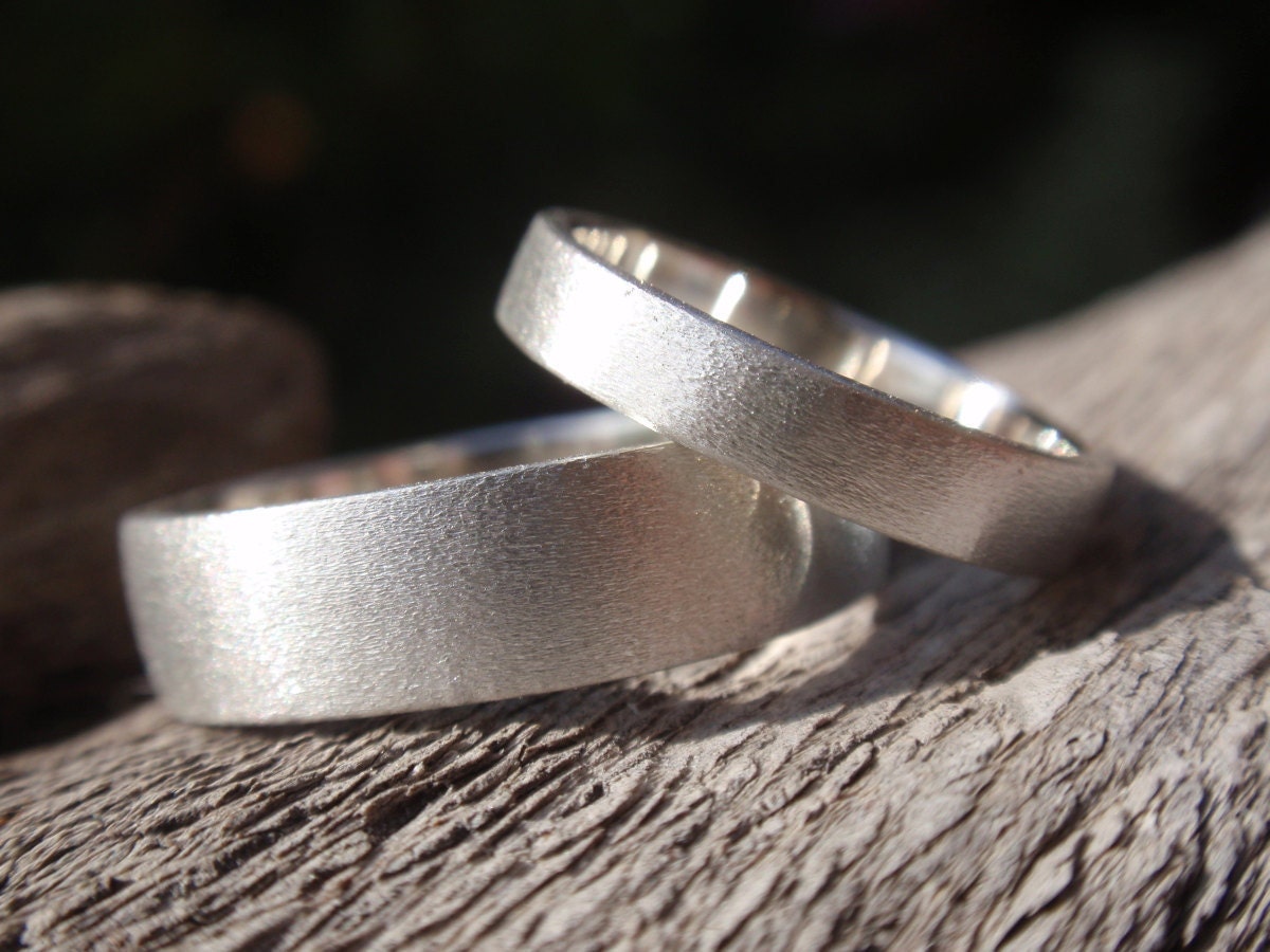 simple wedding rings - handmade wedding bands set with brush / satin finish in sterling silver - 5mm & 3mm - made to order