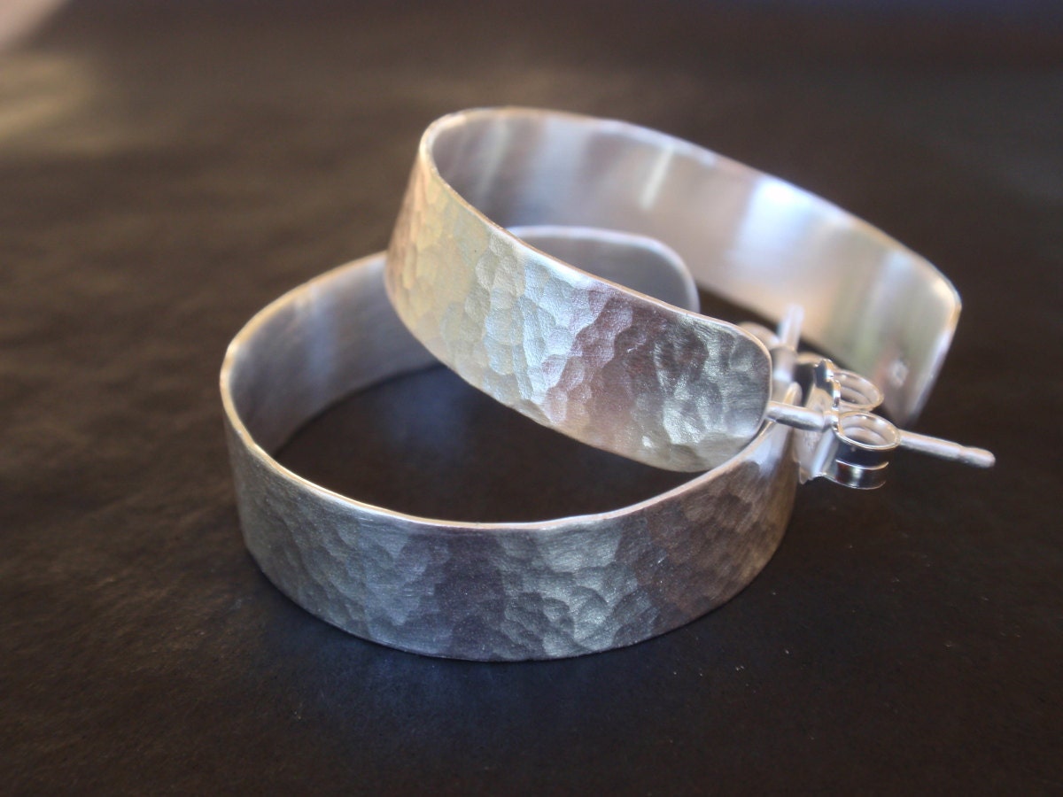 sterling silver hoop earrings - handmade hammered medium hoops