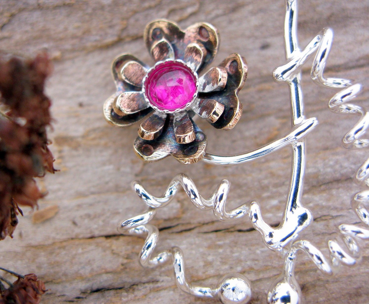 Little pink silver mixed metal flower pendant necklace - silver tree branch -  flower necklace -  lab ruby - nature jewelry
