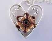 Sterling silver heart necklace or pendant - flower - branch twig necklace - valentine's day - semi-precious red garnet pendant