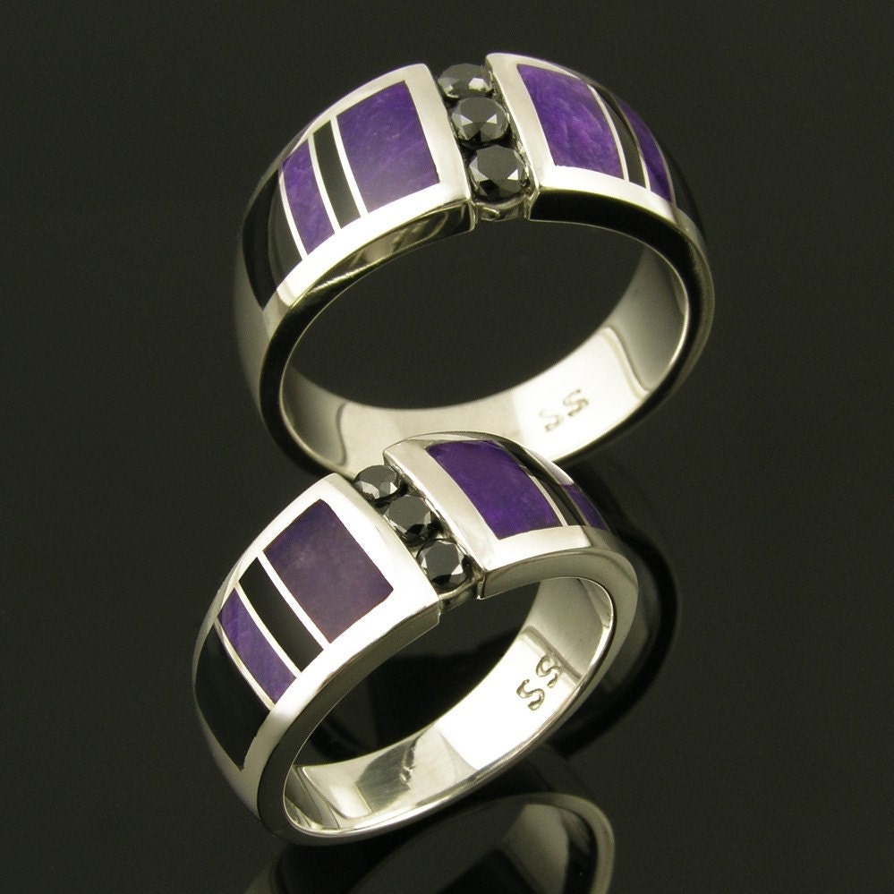 His and hers black diamond sterling silver wedding set