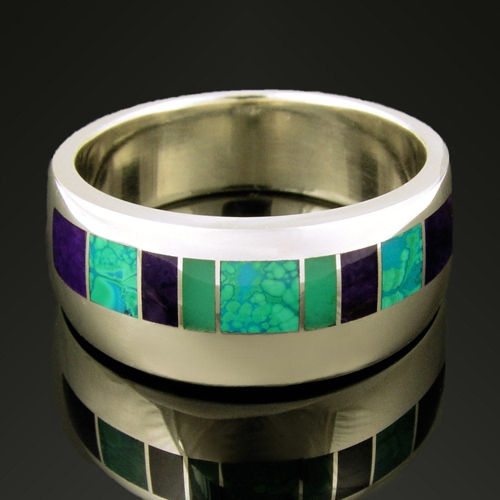 Sterling silver ring inlaid with sugilite, chysoprase and chrysocolla