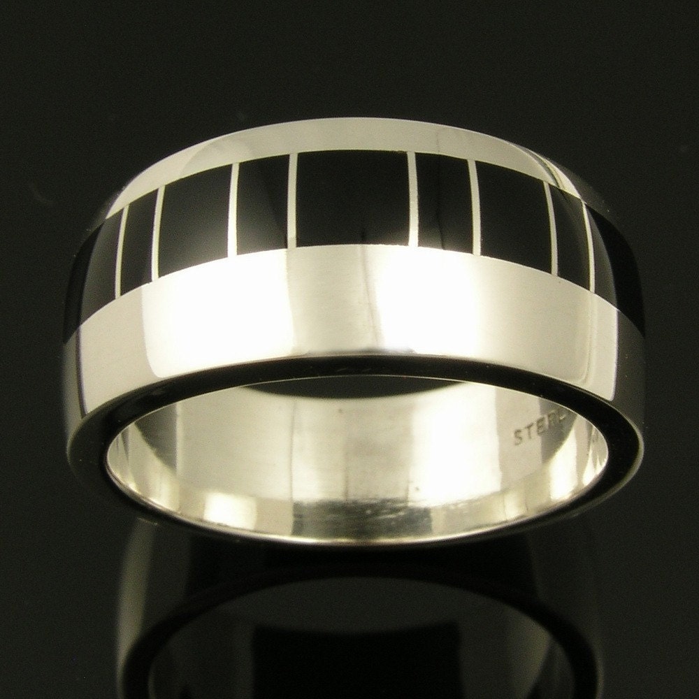 Man's handmade sterling silver ring band inlaid with black onyx