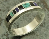 Sterling silver man's band inlaid with onyx, turquoise and lapis by Mark Hileman.