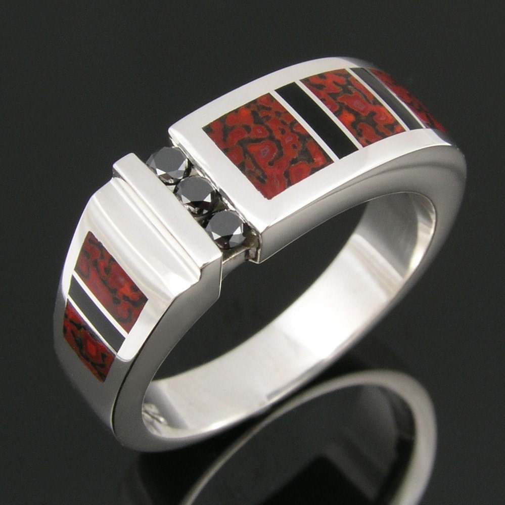 Dinosaur Bone Ring with Black Diamond Ring and Black Onyx in Sterling Silver