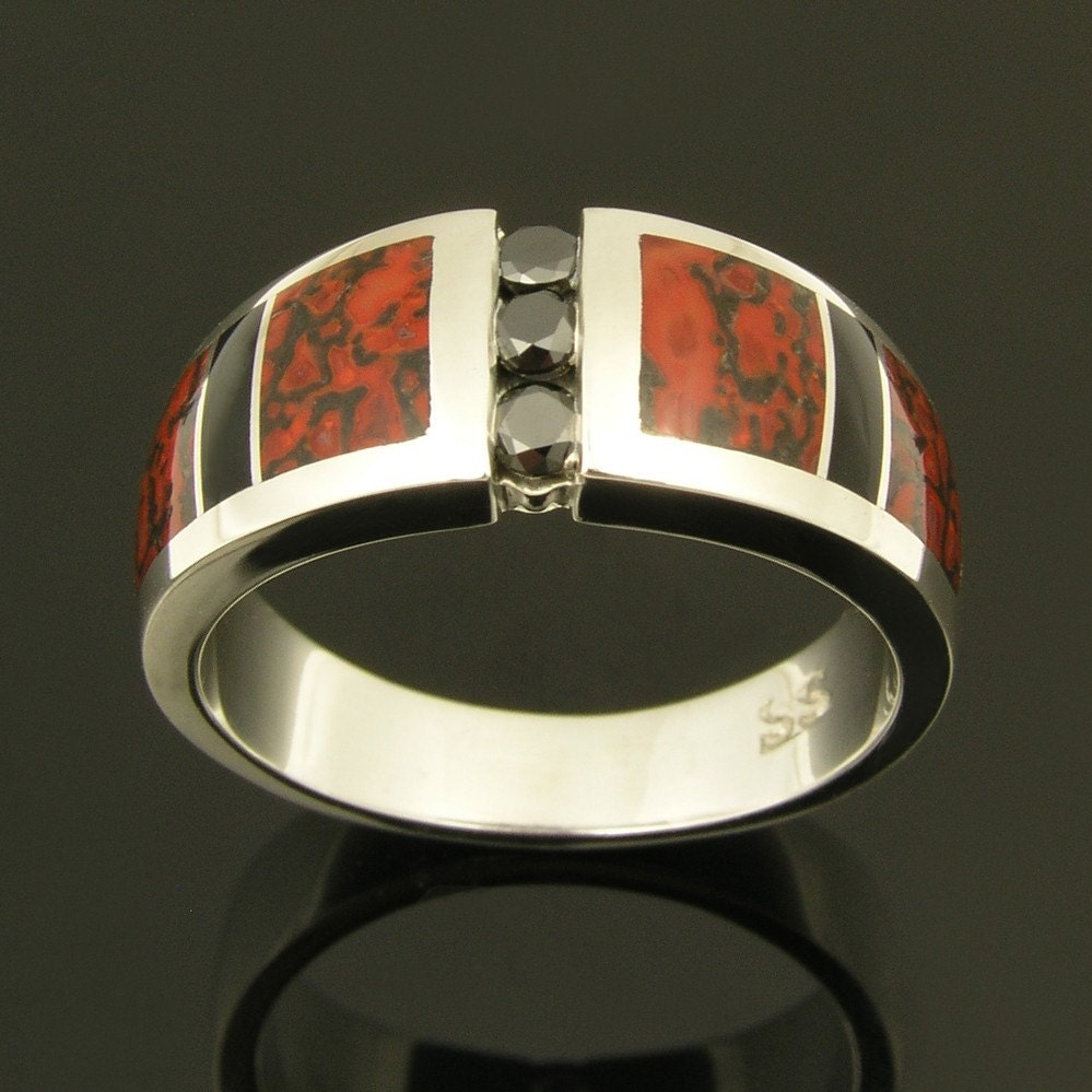 Ladies black diamond sterling silver dinosaur bone and onyx inlay ring