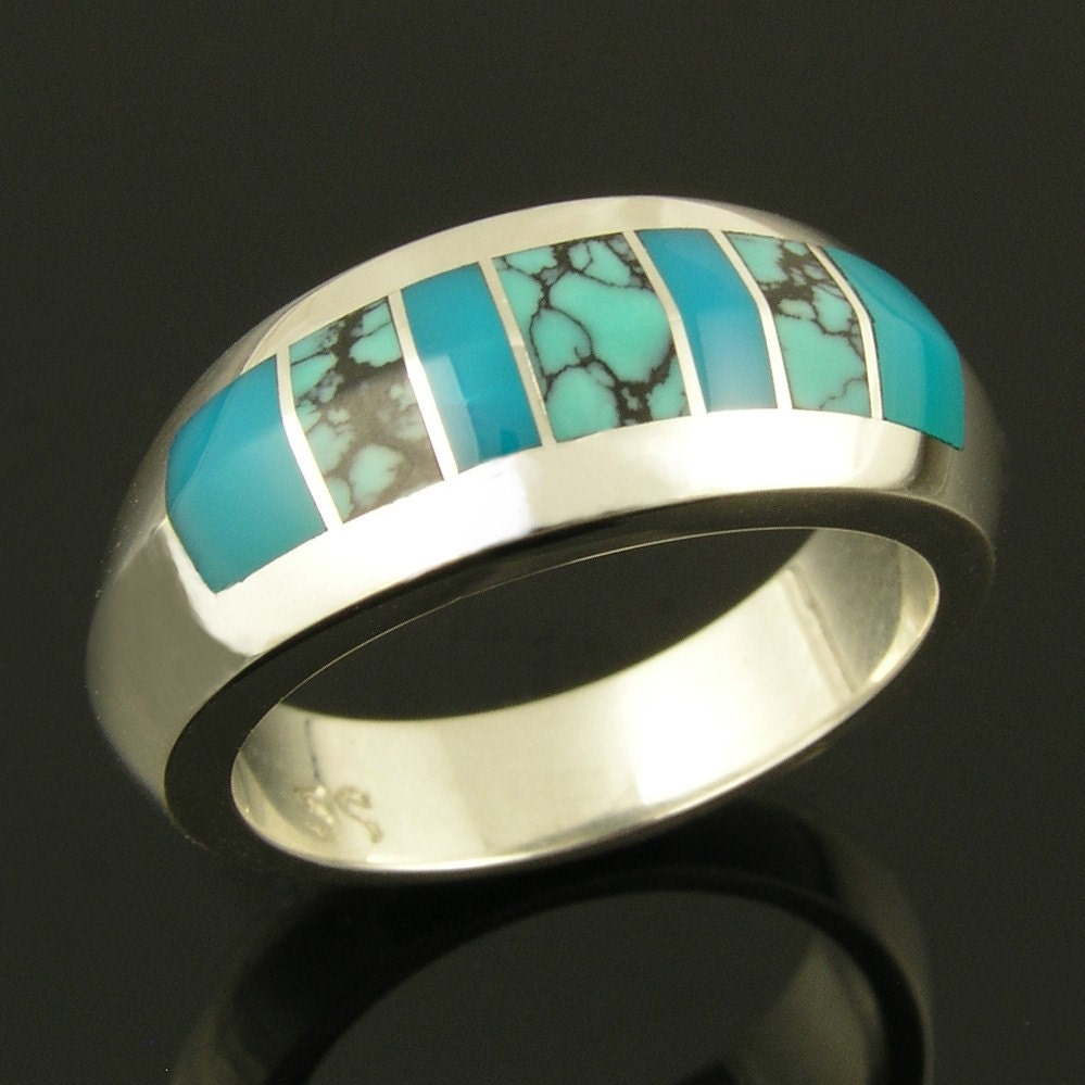 Spiderweb turquoise and gem silica sterling silver inlay ring