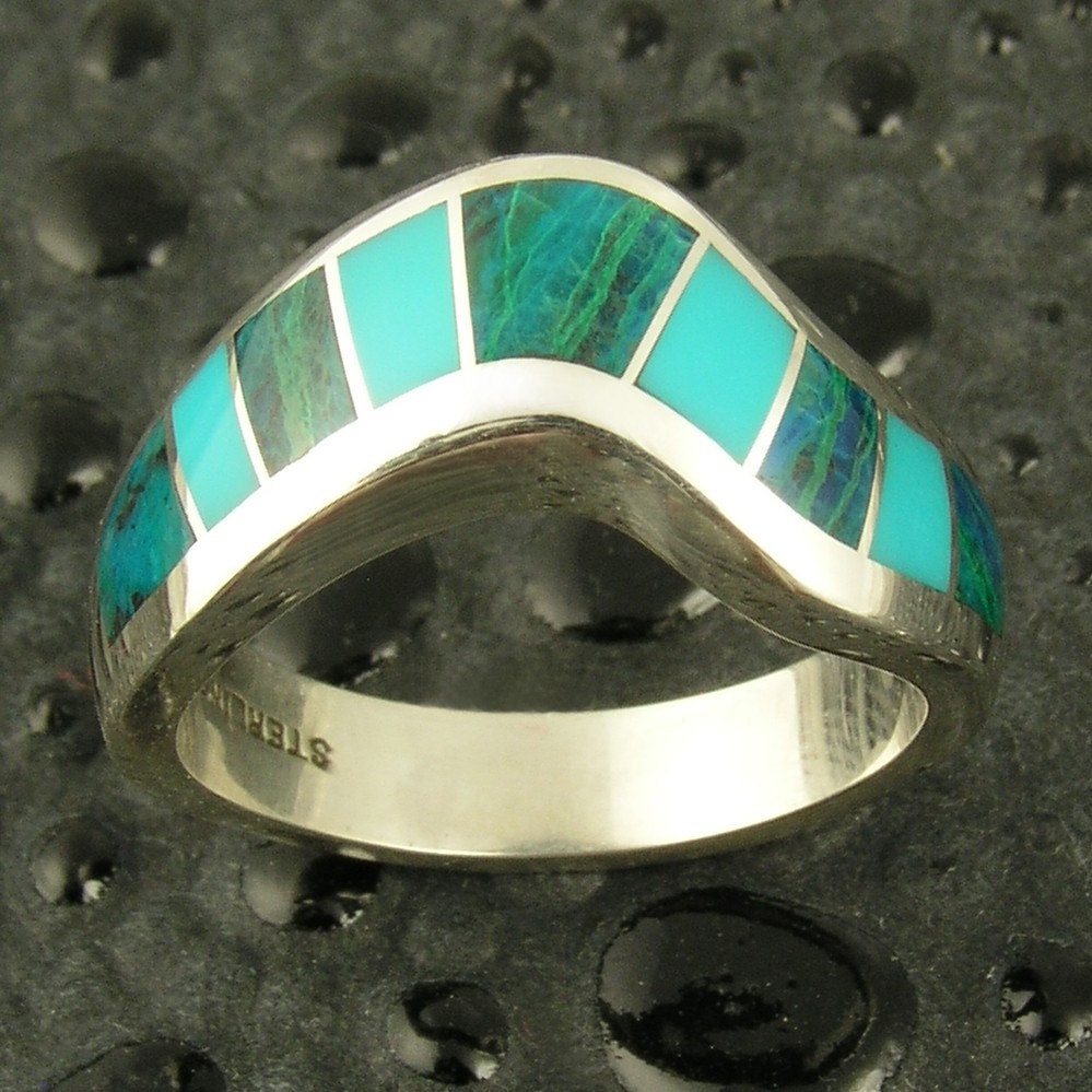 Handmade woman's sterling silver ring inlaid with chysocolla and turquoise.