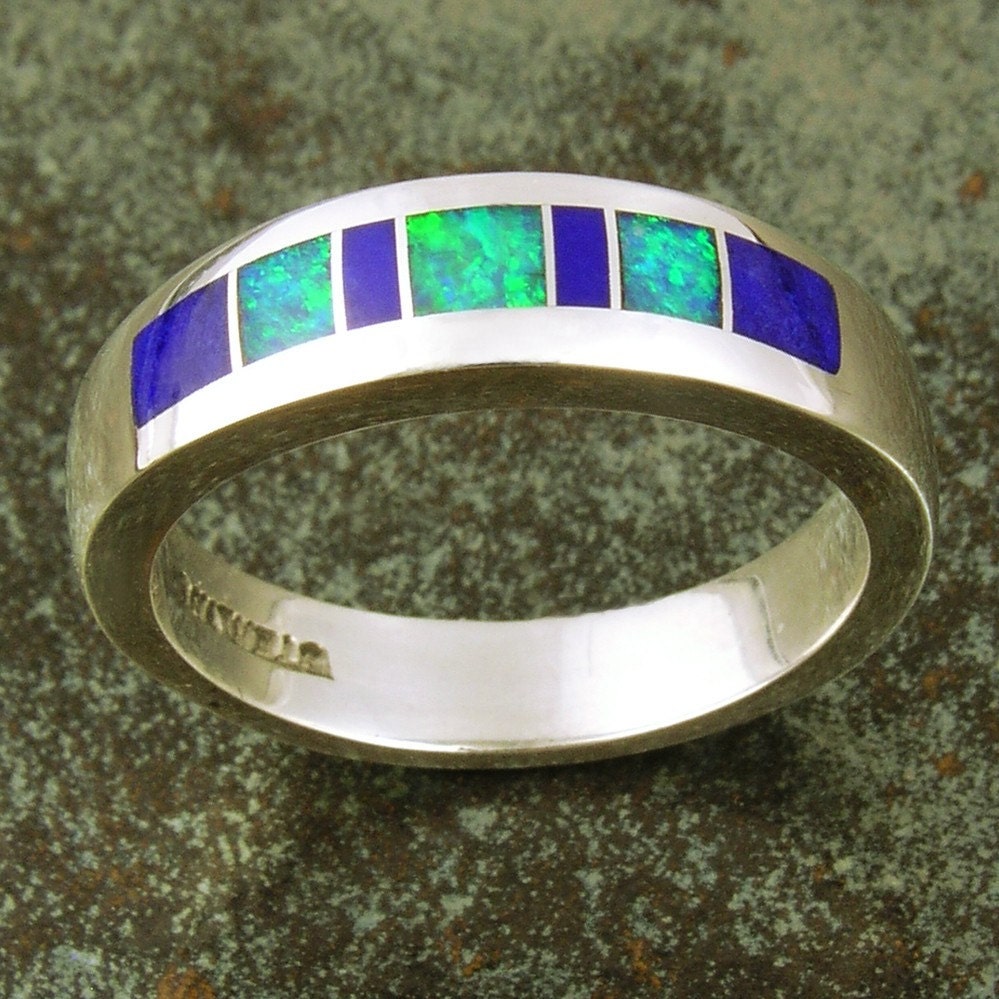 Lapis and Australian opal wedding ring in sterling silver