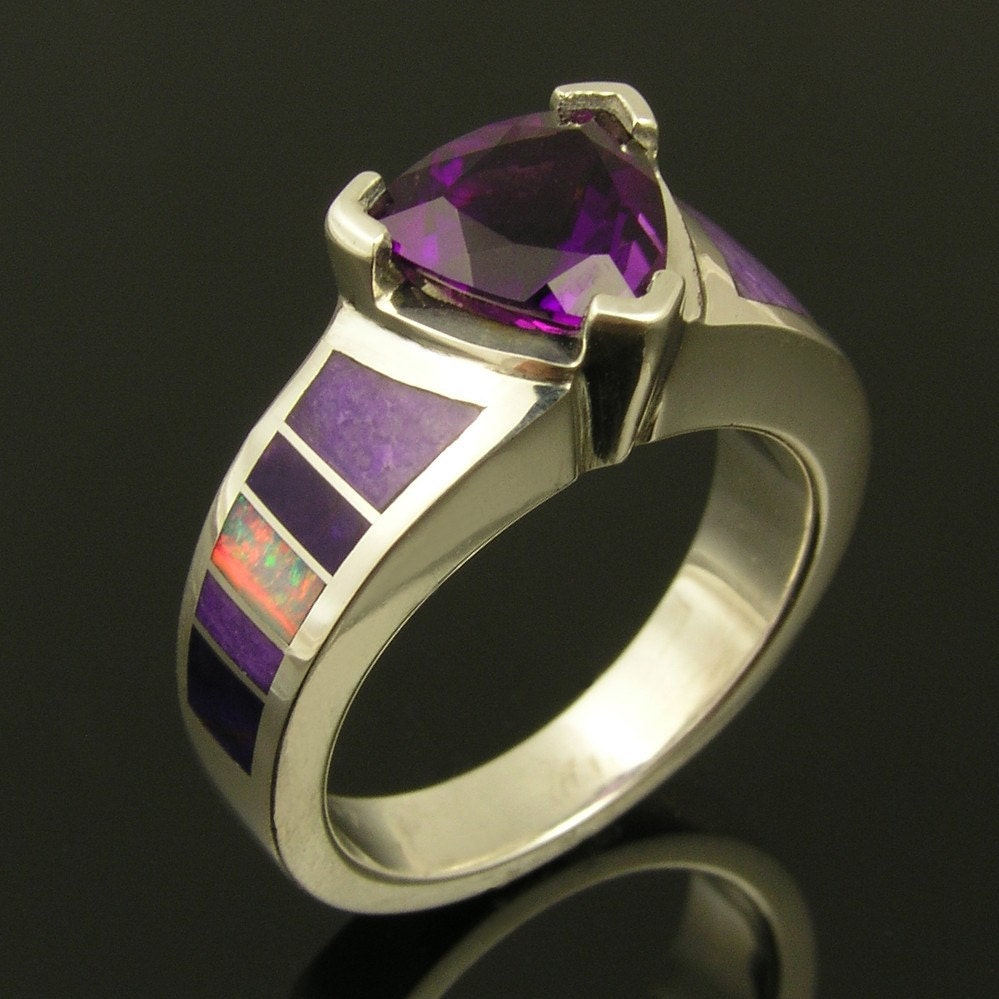 Amethyst, Australian opal and sugilite inlay ring in sterling silver