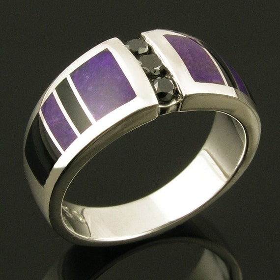 Ladies sterling silver black diamond ring inlaid with sugilite and onyx