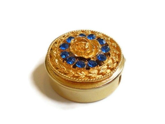 Vintage Pillbox Gold with Blue Rhinestones