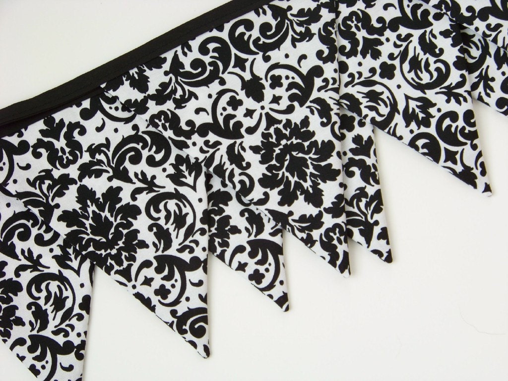 Black White Damask Wedding Garland Fabric Banner Bunting Flags