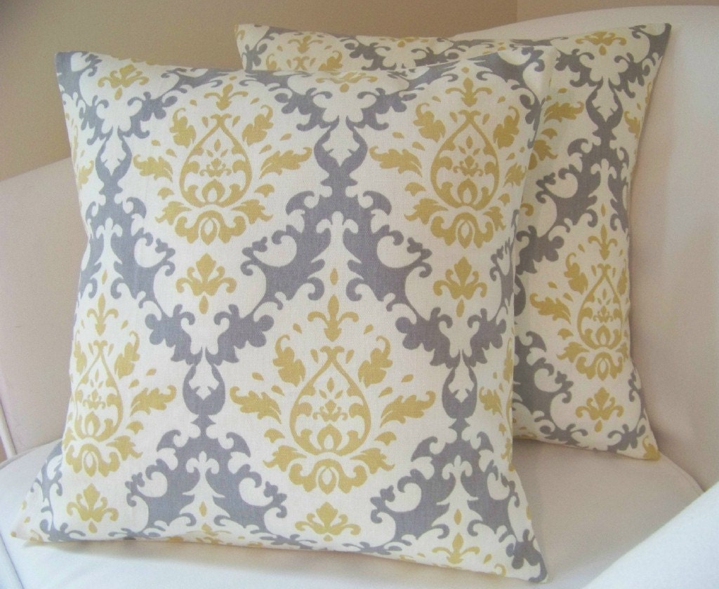 Set of Two Damask 16 Inch Pillow Covers Grey Yellow