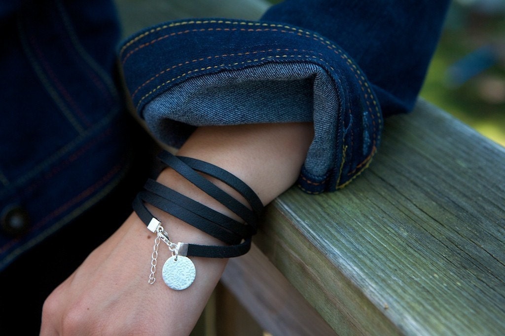 Fine Silver and Leather Wrap Bracelet with Handmade Charm