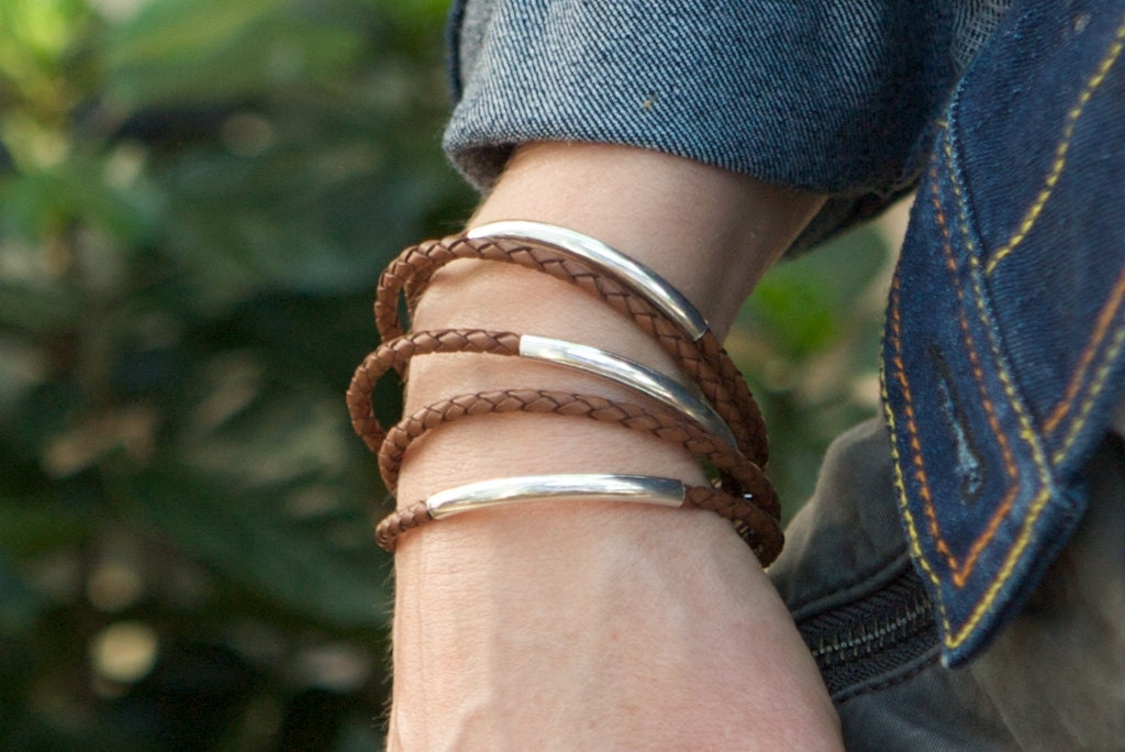 Five Braided Leather and Sterling Silver Bangles