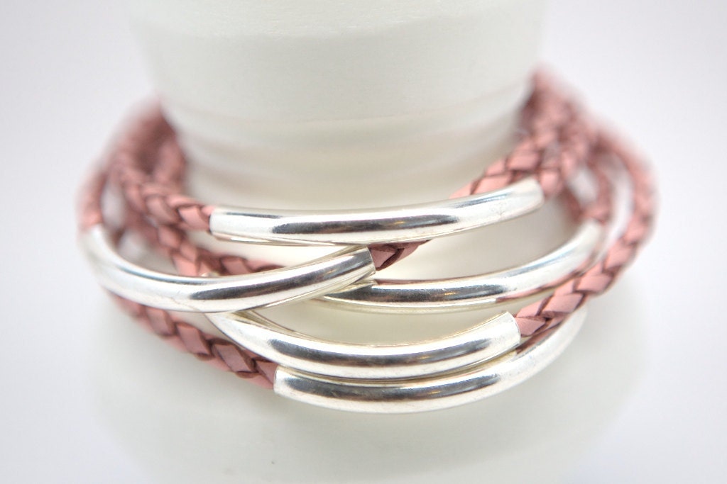 Five Leather and Sterling Silver Bangles