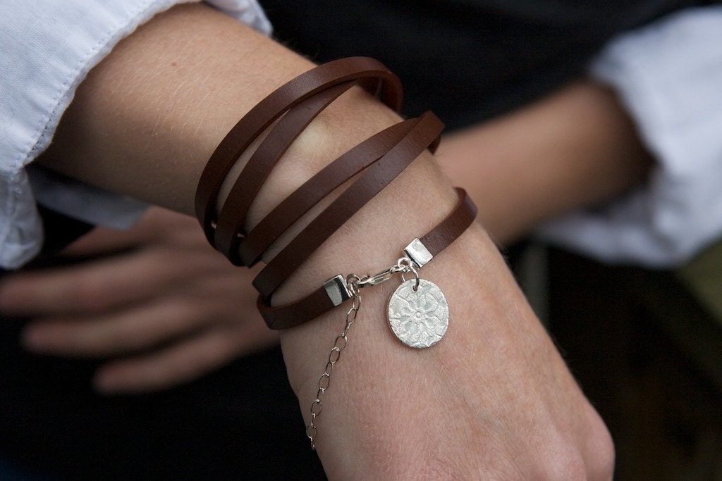 Five Time Red Brown Leather Wrap with Circular Floral Charm