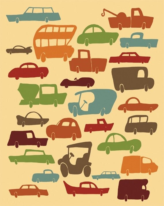 Cars & Trucks Print Art "I LOVE CARS" Vintage Inspired 8x10 Boys Kids Art Bedroom Decor, Cars and Trucks Illustration