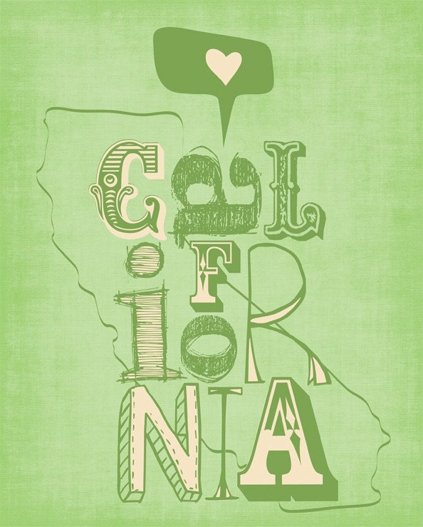 California Print Art Wall Hanging "I Heart California" Blue, Yellow, Red or Green, Digital Illustration California State Map Poster