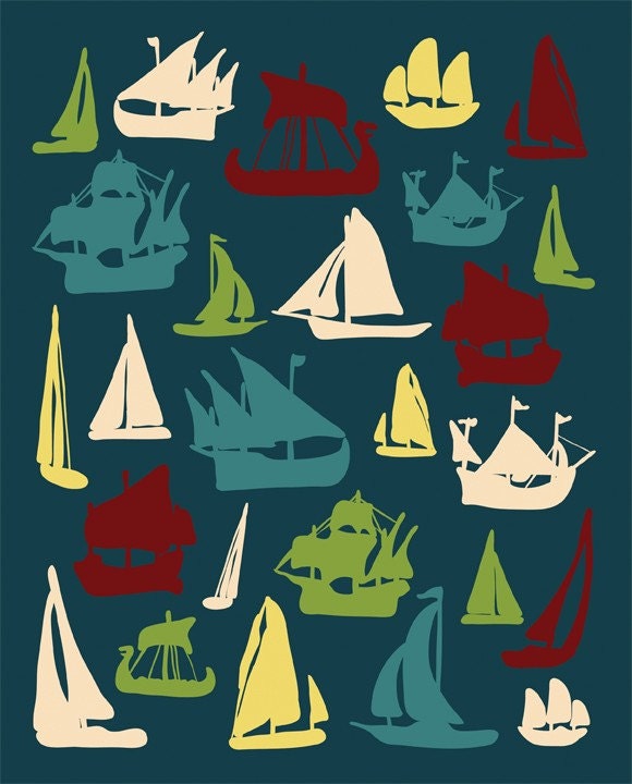 Ships Art Print / Poster "I LOVE BOATS" Blue 8x10 Sailing Modern Art Decor