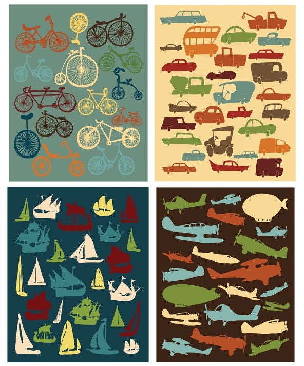 Boys Room Digital Print Wall Decor, 4 Art Prints, Boys Room Posters, SET OF 4 Boy's Prints, Cars, Bikes, Airplanes & Boats Posters