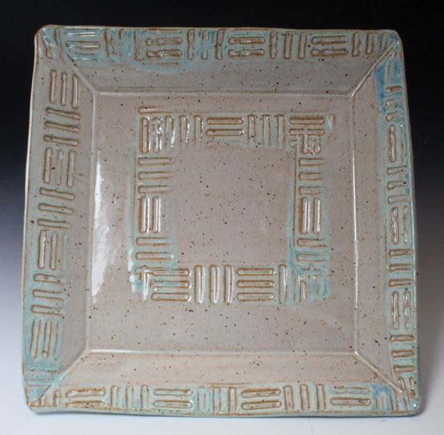 Bridges Pottery Square Tray PLatter in Creme with Turquoise