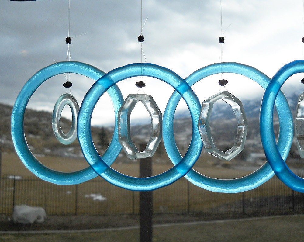 Capri Blue Bottoms Up 4 - Wine Bottle Windchimes on Driftwood