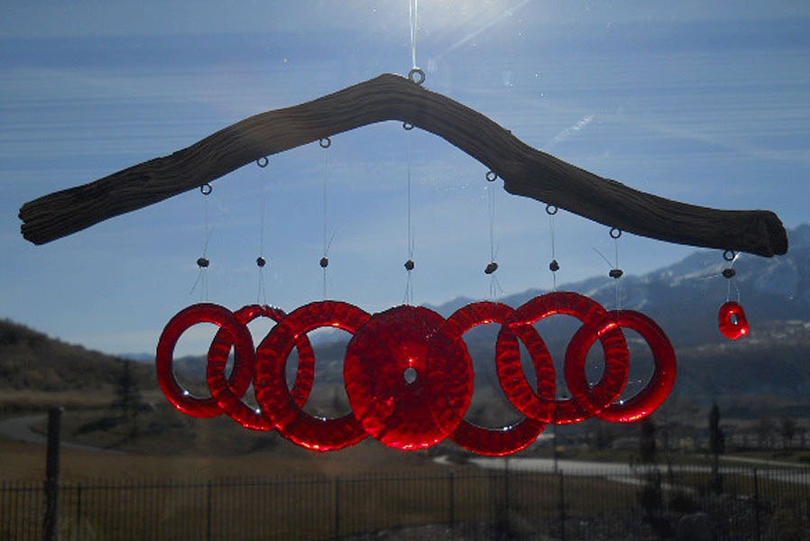 Ruby Red Bottoms Up 3 - Wine Goblet Windchimes on Driftwood Branch