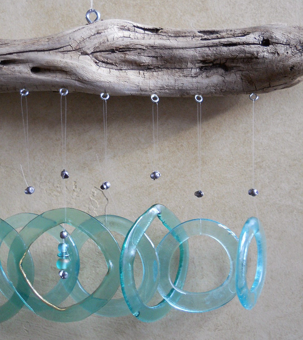 Teal Bottoms Up 2 - Wine Goblet Windchimes on Driftwood Branch