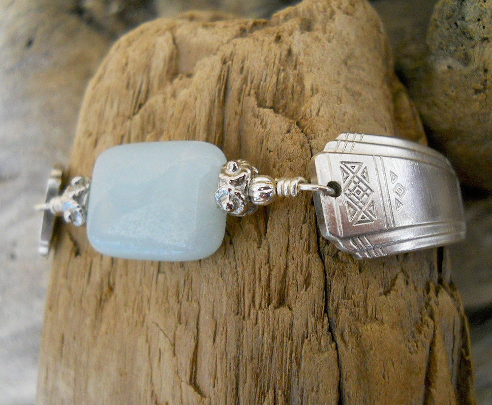 Spoon Bracelet - Skyline 1930 Silver Plated Spoon Bracelet with Amazonite Bead