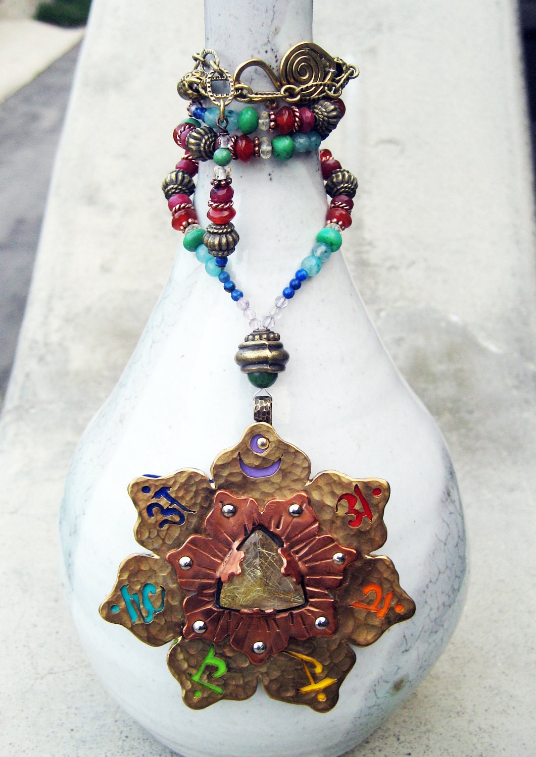 Chakra Necklace, 7 Chakra Pendant, Chakra Symbols, Lotus Flower, Rutilated Quartz, Energy Healing, Mandala, Chakra Jewelry