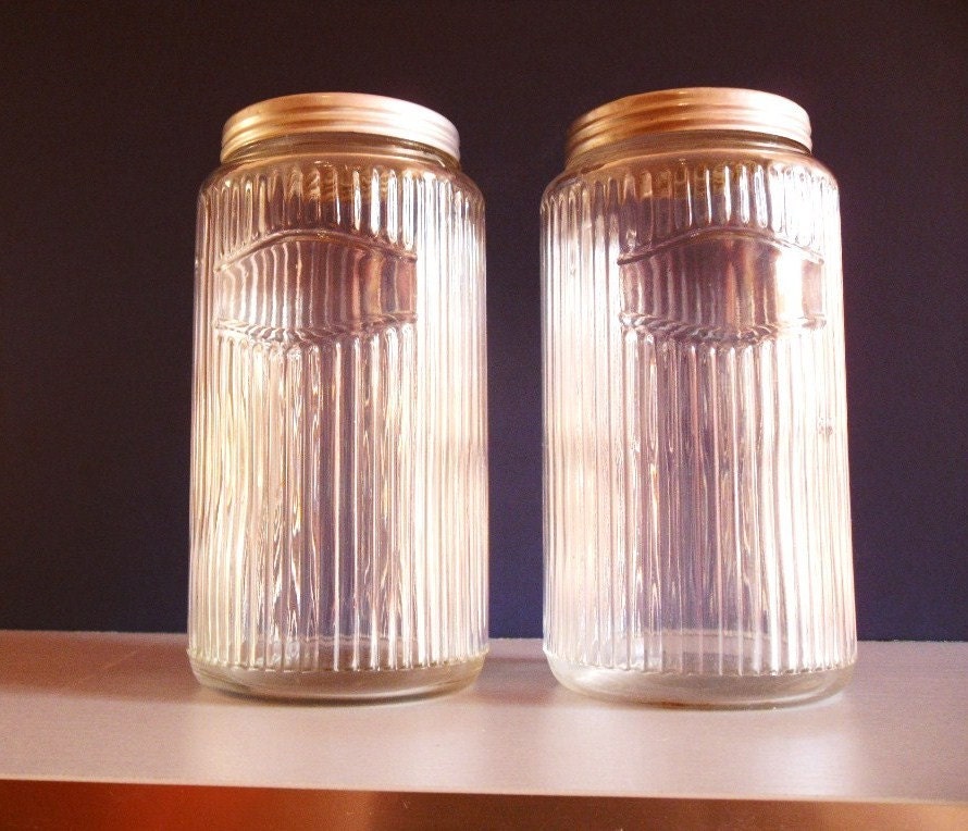 Two Vintage Glass Canisters with Metal Lids by on Etsy