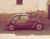 Slug Bug, brown, vintage, Volskwagen, beetle, slug bug, pastel pinks, browns, sand stone, Cuzco Peru, street, fine art photograph 5"x7"