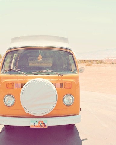 Orange, Volkswagen van, vintage, road trip, pastel, desert, utah, pink, blue, white, colorful, fine art photograph 8"x10"