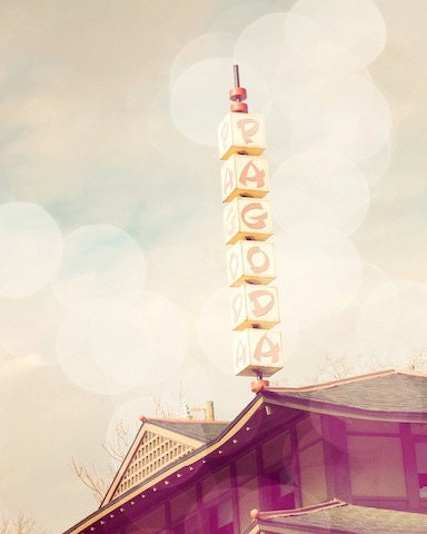 Pagoda, retro, vintage signage, blue and yellow bokeh, whimsical, print, home decor, fine art photograph 8"x10"
